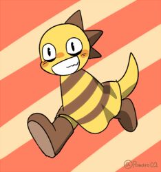  1other 2016 2d ambiguous_gender anthro artist_name boots brown_boots colored_skin diagonal-striped_background digital_media full_body grin horizontal-striped_clothes lizard lizard_tail lowres monster monster_kid_(undertale) other_focus powaro02 red_background reptile reptile_tail running scalie shirt simple_background smile solo striped_background striped_clothes striped_shirt teeth twitter_username two-tone_background two-tone_shirt undertale utdr_(toby_fox) yellow_background yellow_shirt yellow_skin yellow_stripes 