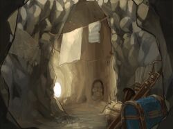  arrow_(projectile) bell campfire cave_interior clothesline commentary_request fantasy lantern male_underwear map no_humans original quiver rope scenery statue towel treasure_chest tukasac underwear unworn_male_underwear 