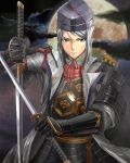  armor azai_nagamasa bushin_renkei_zero dual_wielding full_moon gloves grey_eyes grey_hair hat katana moon samurai samurai_armor shijima_(tanfn) silver_hair solo sword tate_eboshi weapon 