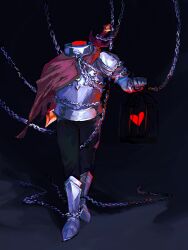  1other alt_text armor black_pants cage cape chain cosplay deltarune english_commentary facing_viewer gauntlets greaves headless heart highres kris_(dark_world)_(deltarune) kris_(deltarune) pants red_cape slay_the_princess soul_(deltarune) standing sword the_cage_(slay_the_princess) the_cage_(slay_the_princess)_(cosplay) toothwormfactory utdr_(toby_fox) weapon 
