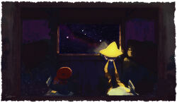  1other black_eyes border colored_skin floating full_body indoors isutai jirachi looking_at_another night night_sky other_focus pokemon pokemon_(creature) pokemon_focus sky standing star_(sky) tanzaku trapinch white_border white_skin 