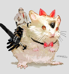  1boy 1other absurdres animal bow dated glasses grey_background hamster highres original oversized_animal riding shadow signature smile suit sukepmonster sword weapon 