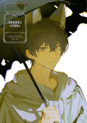  1boy :| animal_ears bags_under_eyes black_eyes black_hair closed_mouth double-parted_bangs e.g.o_(project_moon) fox_ears grey_hoodie hair_between_eyes highres holding holding_umbrella hood hood_down hoodie limbus_company looking_at_viewer male_focus official_alternate_costume project_moon short_hair sin_82 solo sunshower_(e.g.o) torn_umbrella umbrella upper_body yi_sang_(project_moon) 