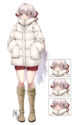  1girl :o ^_^ absurdres ahoge alternate_costume blunt_bangs boots bow brown_boots closed_eyes closed_mouth coat commentary_request drawstring fujiwara_no_mokou half-closed_eyes hands_in_pockets highres jacket knee_boots light_blush light_frown long_hair multiple_expressions multiple_views parted_lips puffy_coat red_eyes red_shorts red_trim shorts signature simple_background smile split_mouth touhou very_long_hair white_background white_bow white_hair white_jacket winter_clothes winter_coat yagoro_kusuriya zipper_pull_tab 