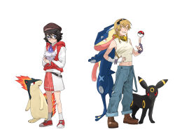  2girls absurdres alternate_costume asymmetrical_gloves black_gloves black_hair black_headband blonde_hair blue_eyes chinese_commentary commentary crossover denim fingerless_gloves glasses gloves greninja grin hand_on_own_hip hat headband highres jeans jiguang_haibao koishikawa_iko litwick long_sleeves looking_at_viewer momijiyama_teru multiple_girls navel pants poke_ball poke_ball_(basic) pokemon quilava red_vest scar scar_across_eyebrow scar_on_face scarf shirt short_hair shy_(series) simple_background skirt sleeveless smile socks teeth umbreon vest white_background white_gloves white_shirt white_skirt yellow_eyes yellow_scarf 