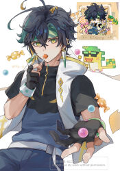  1boy ajaw_(genshin_impact) black_gloves black_hair black_shirt blonde_hair blue_pants blue_shirt candy earrings fingerless_gloves food genshin_impact gloves green_eyes green_hair green_headband hair_between_eyes headband highres holding holding_candy holding_food holding_lollipop jacket jewelry kinich_(genshin_impact) lollipop lollipop_in_mouth male_focus multicolored_hair multicolored_shirt pants shirt short_sleeves skg_g solo spiked_ear_piercing streaked_hair white_jacket 