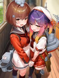  2girls beret black_thighhighs brown_eyes brown_hair brown_neckerchief dress em_s gradient_hair grey_sailor_collar hat height_difference highres holding_hands indoors juliet_sleeves kantai_collection long_hair long_sleeves looking_at_viewer mast miniskirt multicolored_hair multiple_girls neckerchief orange_hair original_remodel_(kantai_collection) pleated_skirt puffy_sleeves purple_hair radar_hair_ornament red_shirt red_skirt republic_of_china_flag rigging sailor_collar sailor_shirt shirt short_hair sidelocks skirt smokestack tan_yang_(kancolle) thigh-highs thigh_strap tsushima_(kancolle) white_dress white_hat yellow_eyes yukikaze_(kancolle) 