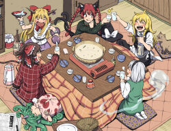  6+girls :d after_meal animal_ears big_belly black_hat black_skirt black_vest bloated blonde_hair bottle bow braid brown_hair carpet cat_ears cat_girl chopsticks commentary commission cup cushion dress food gourd green_dress green_hair green_vest hair_bow hakurei_reimu hanten_(clothes) hat horns hotpot ibuki_suika indoors inuno_rakugaki kaenbyou_rin kirisame_marisa komano_aunn konpaku_youmu konpaku_youmu_(ghost) kotatsu licking_lips long_hair lying multiple_girls multiple_tails nabe newspaper oni portable_stove pouring red_bow red_hair sakazuki seiza shirt short_hair side_braid sitting skeb_commission skirt smile table tail tatami thermos toasting_(gesture) tongue tongue_out touhou twin_braids two_tails under_kotatsu under_table unworn_hat unworn_headwear vest white_hair white_shirt witch_hat zabuton 