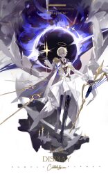  1boy absurdres angel black_boots blonde_hair blue_eyes boots character_name english_text feathered_wings full_body gloves gold_trim hair_between_eyes halo highres liulianjingrua long_sleeves looking_at_viewer male_focus original pants short_hair solo thigh_boots weapon white_pants white_wings wings 