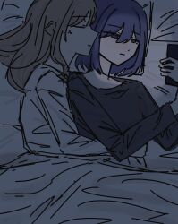  2girls black_shirt blue_eyes blue_hair brown_hair cellphone closed_eyes closed_mouth commentary cuddling fvksar4wa5mmytj highres holding holding_phone long_hair miyagi_shiori multiple_girls phone sendai_hazuki shirt shuuniichido_classmate_wo_kau_hanashi sleeping smartphone smile under_covers white_shirt 