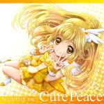  bike_shorts blonde_hair boots bow character_name cure_peace double_v dress kise_yayoi long_hair magical_girl precure sekken_kasu_barrier shorts_under_skirt skirt smile smile_precure! tiara title_drop v yellow yellow_background yellow_dress yellow_eyes 