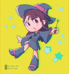  1girl asymmetrical_bangs belt blush boots brown_hair commentary hat highres holding holding_wand hooded_dress kagari_atsuko little_witch_academia long_hair long_sidelocks looking_to_the_side luna_nova_school_uniform marii_pily open_mouth red_belt red_eyes school_uniform sidelocks solo star_(symbol) trigger_(company) tumblr_logo tumblr_username twitter_logo twitter_username wand witch witch_hat 