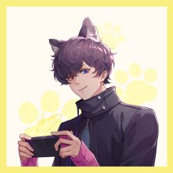  1boy absurdres animal_ears blue_eyes border chinese_commentary closed_mouth commentary_request extra_ears handheld_game_console hands_up heterochromia high_collar highres holding holding_handheld_game_console kamen_rider kamen_rider_ex-aid_(series) looking_at_viewer male_focus nannixiyu parad paw_print red_eyes short_hair smile solo upper_body yellow_border zipper zipper_pull_tab 