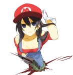  black_hair blood blue_eyes from_above genderswap gloves hat highres long_hair mario poaro solo stomp super_mario_bros. turtle white_background 