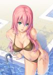  1girl aqua_eyes bikini breasts cleavage highres long_hair looking_at_viewer looking_up megurine_luka navel open_mouth pinakes pink_hair pool solo swimsuit vocaloid wet 