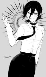  1girl chainsaw_man choker collared_shirt commentary_request cosplay grenade_pin greyscale hair_between_eyes hair_bun high-waist_pants highres lace-trimmed_choker lace_trim long_sleeves looking_at_viewer madaosw medium_hair monochrome necktie pants quanxi_(chainsaw_man) quanxi_(chainsaw_man)_(cosplay) reze_(chainsaw_man) shirt shirt_tucked_in solo twitter_username 