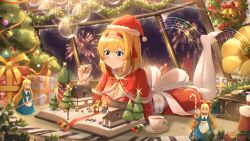  1girl absurdres aerial_fireworks alice_margatroid back_bow blonde_hair blue_eyes blush book bow box breasts candy candy_cane capelet christmas christmas_ornaments christmas_present christmas_tree closed_mouth commentary_request cup doll dress fireworks food frilled_hairband frills fur-trimmed_dress fur-trimmed_headwear fur_trim gift gift_box gingerbread_man hairband hat highres holding holding_food kirisame_marisa long_sleeves lying medium_breasts musical_note musical_staff no_shoes on_stomach open_book pantyhose phonograph red_capelet red_dress red_hat santa_costume santa_hat saucer sdftehn shanghai_doll short_dress sixteenth_note smile solo steaming_cup tea teacup the_pose tinsel touhou white_bow white_pantyhose window wreath 