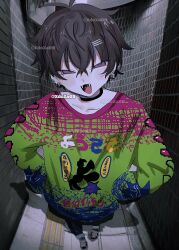  1boy alternate_costume artist_name black_hair commentary cross cross_earrings ear_piercing earrings fangs foreshortening full_body hair_between_eyes hair_ornament hairclip hands_on_own_hips highres jewelry long_sleeves looking_at_viewer multicolored_shirt nijisanji open_mouth parallel_hairclips piercing print_shirt saiki_ittetsu shirt short_hair smile solo symbol-only_commentary tile_floor tile_wall tiles tongue virtual_youtuber xdoxa89 