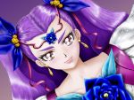  blue_rose circlet dutch_angle earrings flower hair_ornament hairpin jewelry long_hair m3t magical_girl milky_rose mimino_kurumi precure purple_background purple_hair red_eyes rose smile solo two_side_up yes!_precure_5 