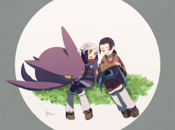  1boy 1girl akari_(pokemon) alpha_pokemon bat_(animal) black_hair black_pantyhose black_sash blue_coat border coat colored_sclera crobat fangs full_body galaxy_expedition_team_survey_corps_uniform grey_border grey_eyes headscarf isutai leg_warmers long_hair looking_at_another on_grass open_mouth pants pantyhose pokemon pokemon_(creature) pokemon_legends:_arceus ponytail red_coat red_eyes red_pants red_scarf sandals sash scarf security_corps_(pokemon) sidelocks simple_background sitting white_background white_headscarf white_leg_warmers yellow_sclera zubat 