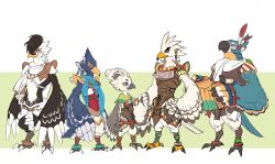  5boys accordion beak bird_boy body_fur father_and_son furry furry_male highres hyrule_warriors:_age_of_imprisonment instrument kass multiple_boys pompadour raphica_(zelda) redlhzz revali rito standing talons teba_(zelda) the_legend_of_zelda the_legend_of_zelda:_breath_of_the_wild the_legend_of_zelda:_tears_of_the_kingdom time_paradox tulin_(zelda) winged_arms wings 