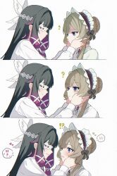  !? 2girls black_hair blue_eyes braid braided_bun brown_hair closed_eyes closed_mouth colored_inner_hair columbina_(genshin_impact) commentary_request ebidai genshin_impact hair_bun hand_on_another's_face heart highres multicolored_hair multiple_girls parted_lips purple_hair sandrone_(genshin_impact) shirt simple_background smile speech_bubble spoken_blush translation_request white_background white_shirt yuri 