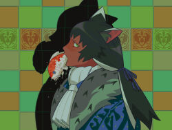  1boy angry animal_ears ascot black_hair cat_boy cat_ears dark-skinned_male dark_skin fang fish fish_in_mouth fur-trimmed_jacket fur_trim green_eyes highres jacket lace long_hair looking_at_viewer male_focus multicolored_hair original profile sarakipin shadow tile_wall tiles two-tone_hair white_ascot 
