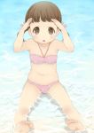  bare_shoulders barefoot bikini blush brown_eyes brown_hair child doujima_nanako feet flat_chest from_above hair_ribbon looking_at_viewer navel neki neki_(wakiko) open_mouth persona persona_4 pink_bikini ribbon short_hair short_twintails sitting solo swimsuit toes twintails water young 