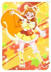  1girl animal_ears arisugawa_himari artist_name blush border bow brown_eyes brown_hair cherry_earrings chest_bow choker closed_mouth collarbone commentary commission cosplay cure_custard cure_custard_(cosplay) custard dress dress_bow earrings elbow_gloves embarrassed extra_ears food-themed_earrings food-themed_hair_ornament full-face_blush full_body furrowed_brow gloves hair_ornament hairband highres jewelry kirakira_precure_a_la_mode kneehighs long_hair looking_at_viewer low_twintails magical_girl nervous_smile open_hands orange_background orange_bow orange_choker orange_shoes orange_tail outstretched_arms pact_holder paw_shoes pota0606119 pouch precure self_cosplay shoes signature skeb_commission smile socks solo sparkle_background split_mouth spread_arms spread_fingers squirrel_ears squirrel_tail standing star_(symbol) star_symbol_background tail thick_eyebrows twintails two-tone_background watermark white_border white_gloves yellow_background yellow_bow yellow_dress yellow_hairband yellow_socks 