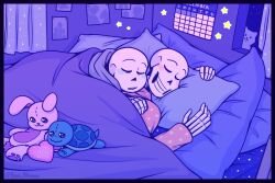  2022 2boys 2d bad_link bed bedroom blanket boner_blossom calendar_(object) closed_eyes digital_media duo grey_hood highres hood hood_down humanoid male male_focus male_only monster monster_boy multiple_boys orange_pajamas pajamas papyrus_(undertale) photo_(object) pillow sans_(undertale) skeleton sleeping sleeping_together sticker teeth undead undertale utdr_(toby_fox) 