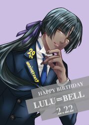  1girl anniversary birthday black_hair black_nails blue_coat blue_necktie blunt_bangs buttons coat d.gray-man dark-skinned_female dark_skin dress_shirt english_text facial_mark floating_hair forehead_mark hair_over_shoulder hair_ribbon happy_birthday highres lips long_hair long_sleeves looking_at_viewer low_ponytail lulu_bell mature_female necktie noah_(d.gray-man) parted_lips pink_lips ponytail purple_background purple_ribbon ribbon shirt sidelocks simple_background solo very_long_hair white_shirt yellow_eyes yu_chocochip 
