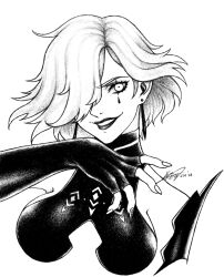  1girl bare_shoulders breasts commentary covered_collarbone dated earrings english_commentary fire_emblem fire_emblem:_three_houses hair_over_one_eye jewelry kastillia kronya_(fire_emblem) medium_breasts signature smile solo tattoo teardrop_tattoo traditional_media white_background 