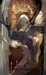  1boy absurdres angel angel_statue angel_wings bare_legs barefoot black_wings blonde_hair cloak dark-skinned_male dark_skin feathered_wings full_body hair_between_eyes halo highres holding holding_sword holding_weapon hood hood_up hooded_cloak liulianjingrua looking_at_viewer lying male_focus original robe short_hair sitting solo statue sword weapon wings 