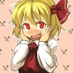  blonde_hair blush bust fang fork hands_on_own_cheeks hands_on_own_face knife looking_at_viewer mizuno_(okn66) okn66 rumia sepia_background short_hair smile solo touhou youkai 