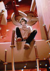  1boy absurdres black_hair black_pants chromatic_aberration code3755 commentary_request film_grain from_behind full_body highres jacket jujutsu_kaisen jujutsu_tech_uniform katana male_focus okkotsu_yuuta pants planted planted_sword shoes sitting solo sword weapon white_eyes white_jacket white_shoes 