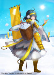  1girl blue_eyes blue_hair blue_sky boots character_request copyright_notice dqn_(dqnww) dress earmuffs flag headband holding holding_flag looking_at_viewer medium_hair official_art sky smile snow snowing solo white_dress wixoss yellow_boots yellow_headband 