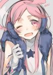  1girl blush bust character_name earmuffs gloves grey_background headphones kippu long_hair open_mouth pink_eyes pink_hair sf-a2_miki simple_background smile solo star vocaloid wink 
