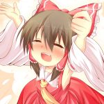  :d ^_^ armpits arms_up ascot bare_shoulders blush brown_hair closed_eyes coin detached_sleeves eyes_closed from_above hair_tubes hakurei_reimu highres holding miko open_mouth outstretched_arms smile solo tears touhou wakagi_repa 