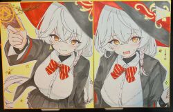  &gt;:) 1girl absurdres arm_at_side black_hat black_skirt blue_archive blush bow bowtie braid breasts closed_mouth collared_shirt commentary cowboy_shot crossed_bangs diagonal-striped_bow diagonal-striped_bowtie diagonal-striped_clothes dress_shirt earrings eri_(blue_archive) floating_hair grey_hair hair_between_eyes halo hat hat_ribbon highres jewelry kurumi_kororin large_breasts long_hair long_sleeves looking_at_viewer low_ponytail miniskirt multiple_views open_mouth orange_eyes outline outstretched_arm photo_(medium) pleated_skirt ponytail red_bow red_bowtie red_ribbon ribbon school_uniform shikishi shirt simple_background single_braid single_earring skirt smile smug split_mouth star_(symbol) striped_bow striped_bowtie striped_clothes sweatdrop upper_body v-shaped_eyebrows very_long_hair wavy_mouth white_outline white_shirt wide_sleeves witch_hat yellow_background yellow_halo 