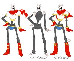  1boy 2016 2d adapted_costume armor artist_logo black_bodystocking blue_shorts bodystocking boots cape digital_media full_body gloves hand_on_own_hip humanoid leeffi male male_focus male_only monster monster_boy papyrus_(undertale) red_boots red_cape red_gloves shorts signature simple_background skeleton solo standing teeth undead undertale utdr_(toby_fox) variations white_armor white_background 