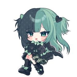  1girl :3 aqua_hair black_hair black_leg_warmers black_mittens black_shoes black_sweater blunt_bangs bow chibi chibi_only commentary commission double-parted_bangs footwear_bow full_body furrowed_brow green_bow green_eyes green_skirt hair_ornament hands_on_own_chin hands_up heart heart_hair_ornament highres indie_virtual_youtuber invisible_chair knees_together_feet_apart lace-trimmed_skirt lace_trim leg_warmers long_hair long_sleeves looking_ahead mittens multicolored_hair mumumo open_mouth plaid_clothes plaid_skirt pleated_skirt ribbed_leg_warmers second-party_source shoes simple_background sitting skirt solo split-color_hair sweater tachi-e tsurime two_side_up white_background wrist_bow 