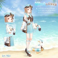  1girl animal artist_request beads bird black_bow black_bowtie black_neckerchief black_shoes blue_bow blue_hat blue_sailor_collar blue_skirt blue_sky blunt_bangs bow bow_skirt bowtie brown_eyes brown_hair buttons character_name close-up closed_mouth clothed_animal clouds collarbone copyright_logo day dot_nose duck english_text eyelashes footwear_bow frilled_socks frills full_body hair_bun happy hat hat_bow hat_ornament high-waist_skirt high_heels holding holding_stuffed_toy innertube jacket jacket_partially_removed kneehighs knees layered_legwear light_blush light_particles logo long_sleeves looking_at_viewer mast medium_hair miniskirt mint_and_coco_(miracle_nikki) miracle_nikki multicolored_bow neckerchief newsboy_cap nikki_(series) ocean official_art outdoors palm_tree plaid_clothes plaid_sailor_collar plaid_skirt pleated_skirt polka_dot polka_dot_socks puffy_long_sleeves puffy_sleeves sailor sailor_collar sailor_hat sailor_shirt see-through_clothes see-through_jacket see-through_socks shirt shoes shore sideways_hat simple_bird single_bare_shoulder single_side_bun skirt sky sleeveless sleeveless_shirt sleeves_past_wrists smile socks solo split-color_clothes standing striped_bow stuffed_seagull stuffed_toy swim_ring tareme third-party_source tree white_jacket white_shirt white_socks yellow_bow 