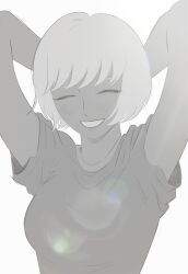  1girl ^_^ ajiaji_op arms_behind_head blunt_bangs blush bob_cut closed_eyes commentary_request greyscale highres hip_(one_piece) lens_flare monochrome one_piece simple_background smile solo upper_body 