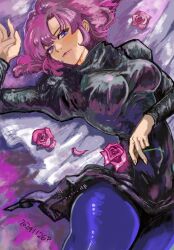  1girl 2024 blue_pantyhose breasts commentary dated flower gundam haman_karn highres holding holding_flower long_sleeves lying medium_hair okrdisk2000 on_back pantyhose parted_lips pink_flower pink_hair pink_rose redrawn rose solo violet_eyes zeta_gundam 