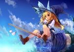  blonde_hair bow braid broom broom_riding cloud hat kirisame_marisa red_eyes revision riding solo touhou ukyo_rst witch witch_hat 