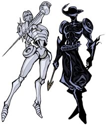  2others arm_up armor arrow_(jojo) arrow_(projectile) black_gloves black_hat black_pants blue_eyes clamchowder55 dual_persona epee full_armor full_body gloves hat highres holding holding_arrow holding_sword holding_weapon jojo_no_kimyou_na_bouken looking_at_viewer multiple_others pants rapier shoulder_spikes silver_chariot spiked_belt spikes stand_(jojo) standing stardust_crusaders sword vento_aureo weapon 