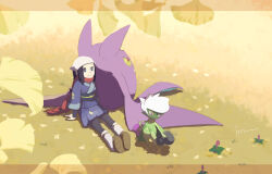  2girls akari_(pokemon) alpha_pokemon alternate_color bat_(animal) black_flower black_hair black_pantyhose black_rose black_sash blue_coat border capelet coat colored_sclera colored_skin commentary crobat flower full_body galaxy_expedition_team_survey_corps_uniform green_capelet green_skin grey_eyes headscarf isutai leg_warmers long_hair looking_at_viewer monster_girl multicolored_skin multiple_girls orange_border pantyhose plant_girl pokemon pokemon_(creature) pokemon_legends:_arceus ponytail purple_flower purple_rose red_eyes red_scarf rose roserade sandals sash scarf shiny_pokemon short_hair sidelocks simple_background sitting smile standing symbol-only_commentary two-tone_skin white_hair white_headscarf white_leg_warmers yellow_background yellow_sclera 