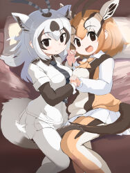 2girls animal_ears arabian_oryx_(kemono_friends) black_necktie blush brown_eyes brown_hair brown_pantyhose brown_shirt collared_shirt epaulettes extra_ears gazelle_ears gazelle_girl gazelle_horns gazelle_tail hair_between_eyes highres holding_hands kemono_friends koutsuu_(koutuukanseikan) long_sleeves lying monkey_ears monkey_girl multicolored_hair multicolored_pantyhose multiple_girls necktie on_bed on_side open_mouth orange_necktie pantyhose pleated_skirt puffy_sleeves shirt short_sleeves sidelocks skirt smile thomson&#039;s_gazelle_(kemono_friends) two-tone_hair white_hair white_pantyhose white_shirt white_skirt