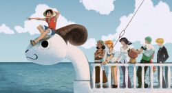  2girls 5boys artofgiuls black_hair black_pants black_suit blonde_hair blue_shorts brown_overalls clouds commentary crossed_arms floating_hair going_merry green_hair hand_on_headwear haramaki hashtag-only_commentary hat highres long_nose monkey_d._luffy multiple_boys multiple_girls nami_(one_piece) nico_robin ocean one_piece orange_hat outdoors overalls pants pointing red_shirt roronoa_zoro sandals sanji_(one_piece) sash shirt short_hair shorts sitting sleeveless sleeveless_shirt smile straw_hat straw_hat_pirates suit symbol-only_commentary t-shirt tony_tony_chopper usopp white_sash white_shirt wristband 