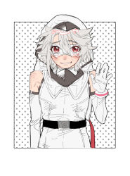  1girl arm_at_side bare_shoulders belt black_belt blush bruise bruise_on_face chinese_commentary commentary elbow_gloves eye_mask gloves grey_hair grey_leotard grin hair_between_eyes hand_up highres hooded_leotard injury jiguang_haibao leotard looking_at_viewer mask outside_border red_eyes short_hair shy_(character) shy_(series) smile solo sweat teeth white_background 